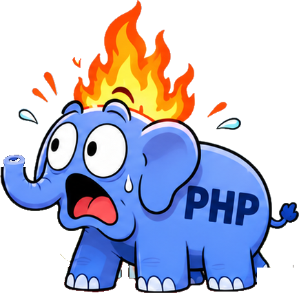 Cartoon: a panicked blue PHP elephant with its hair on fire.